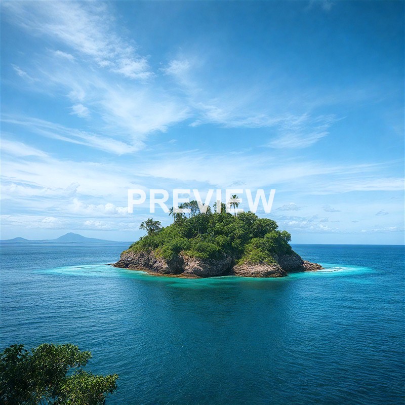 A small lush island with dense green vegetation and tall palm trees surrounded by clear blue ocean under a partly cloudy sky.